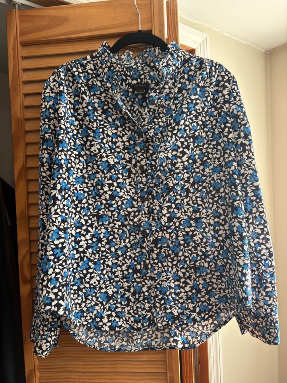 Ann Taylor Black Blouse with White & Blue Floral Print